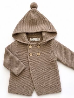 ZY Baby Knit Hooded Coat with Pom Pom - Taupe